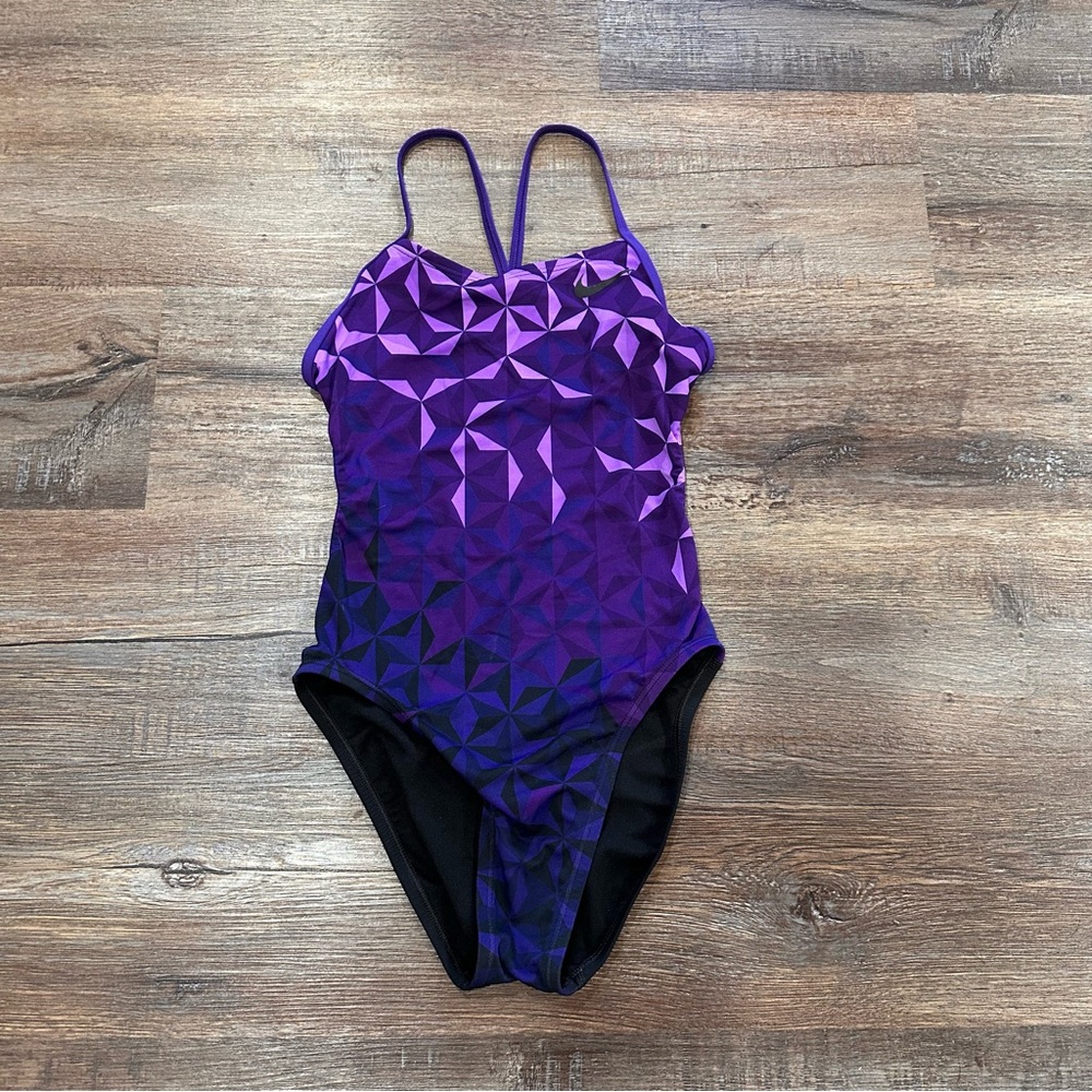 Nike Hydrastrong Purple Geometric One Piece Swimsuit Size 4 30 - Picture 2 of 5